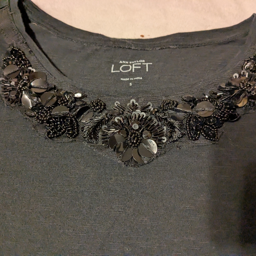 LOFT Charcoal Embellished Short Sleeve Top
